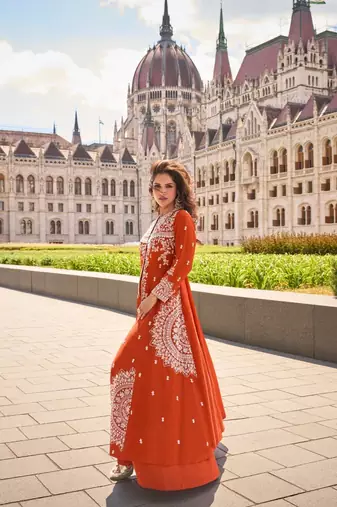 Orange Silk Free Size Stitched Suit with Embroidery 