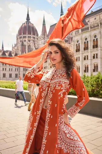 Orange Silk Free Size Stitched Suit with Embroidery 