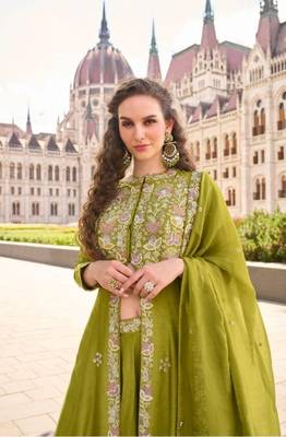 Mehendi Silk Free Size Stitched Suit with Embroidery  2