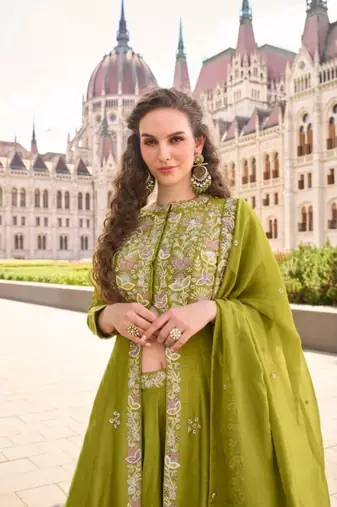 Mehendi Silk Free Size Stitched Suit with Embroidery 