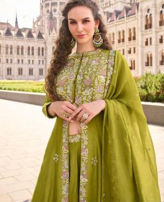 Mehendi Silk Free Size Stitched Suit with Embroidery  3