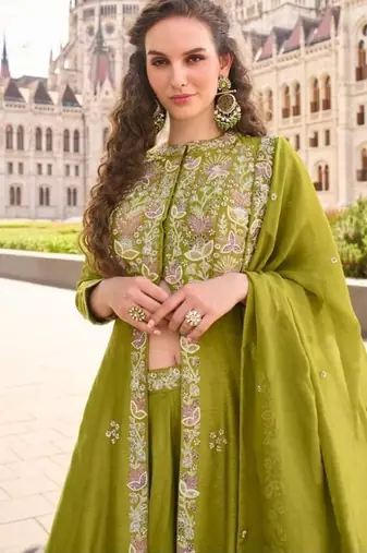 Mehendi Silk Free Size Stitched Suit with Embroidery 