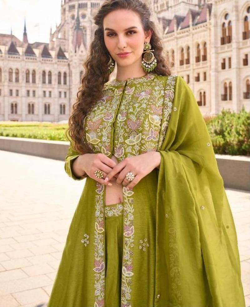 Silk free size stitched suit with embroidery work