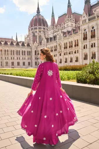 Rani Pink Silk Free Size Stitched Suit with Embroidery 