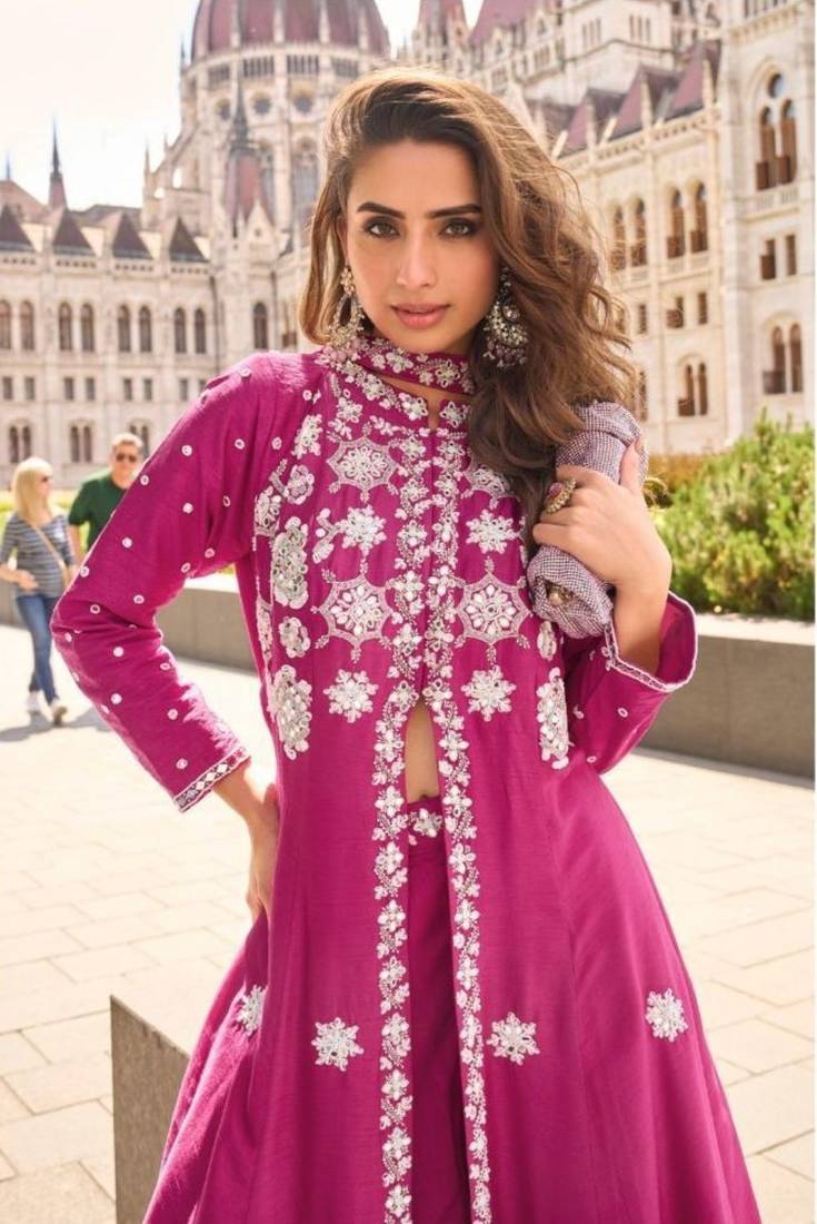 Silk free size stitched suit with embroidery work