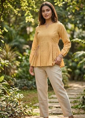 Yellow solid kurta pant set  1