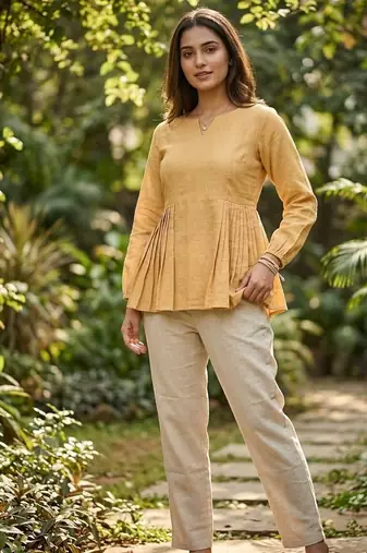 Yellow solid kurta pant set 