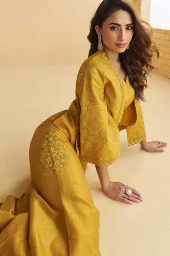 Mustard Silk Free Size Stitched Suit with Embroidery 