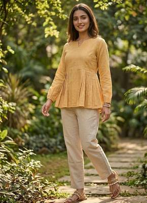 Yellow solid kurta pant set  2