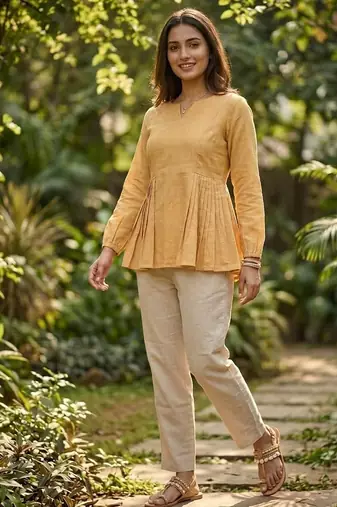 Yellow solid kurta pant set 