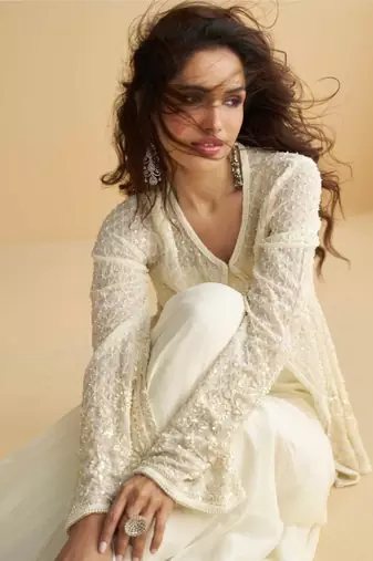 White Silk Free Size Stitched Suit with Embroidery 