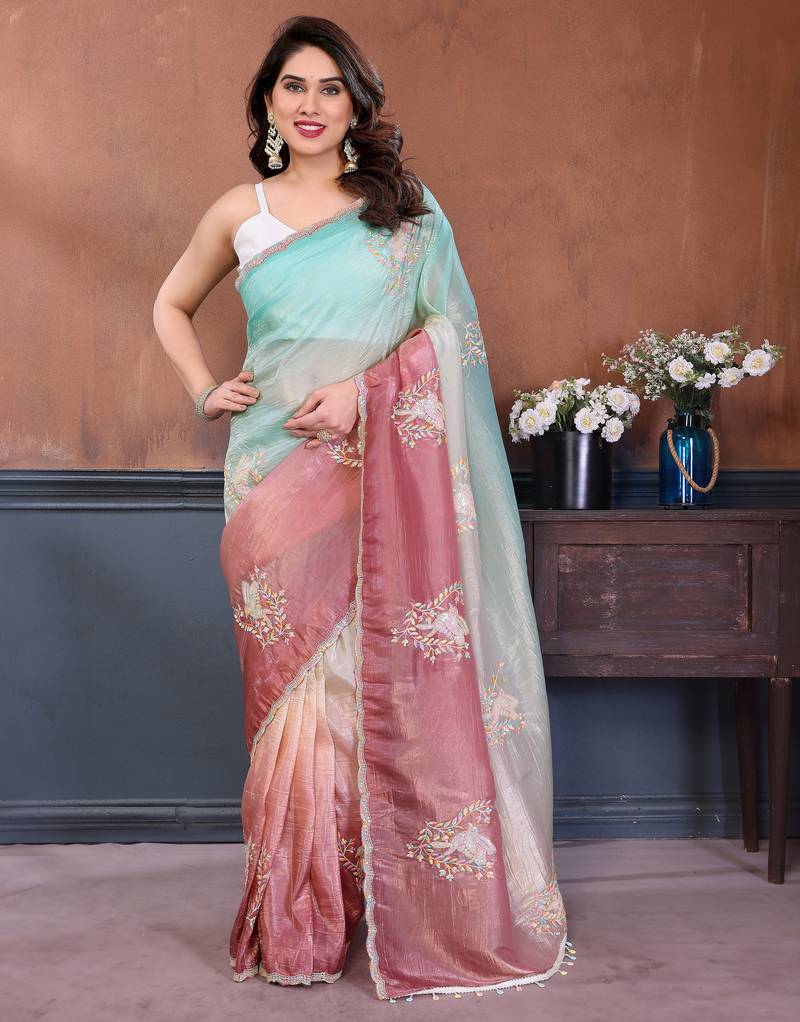 Women Poly Georgette Embroidery Sequence Bird Work Saree