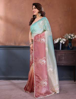 Women Poly Georgette Embroidery Sequence Bird Work Saree 2