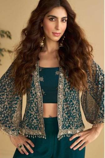 Teal Green Silk Free Size Stitched Suit with Embroidery 