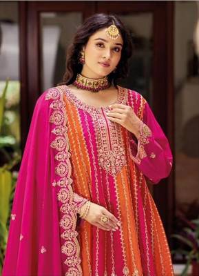Pink Chinon Free Size Stitched Suit with Embroidery  2