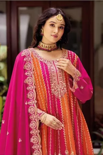 Pink Chinon Free Size Stitched Suit with Embroidery 