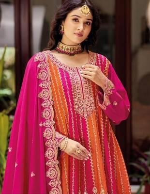Pink Chinon Free Size Stitched Suit with Embroidery  3