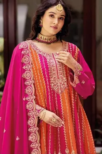 Pink Chinon Free Size Stitched Suit with Embroidery 