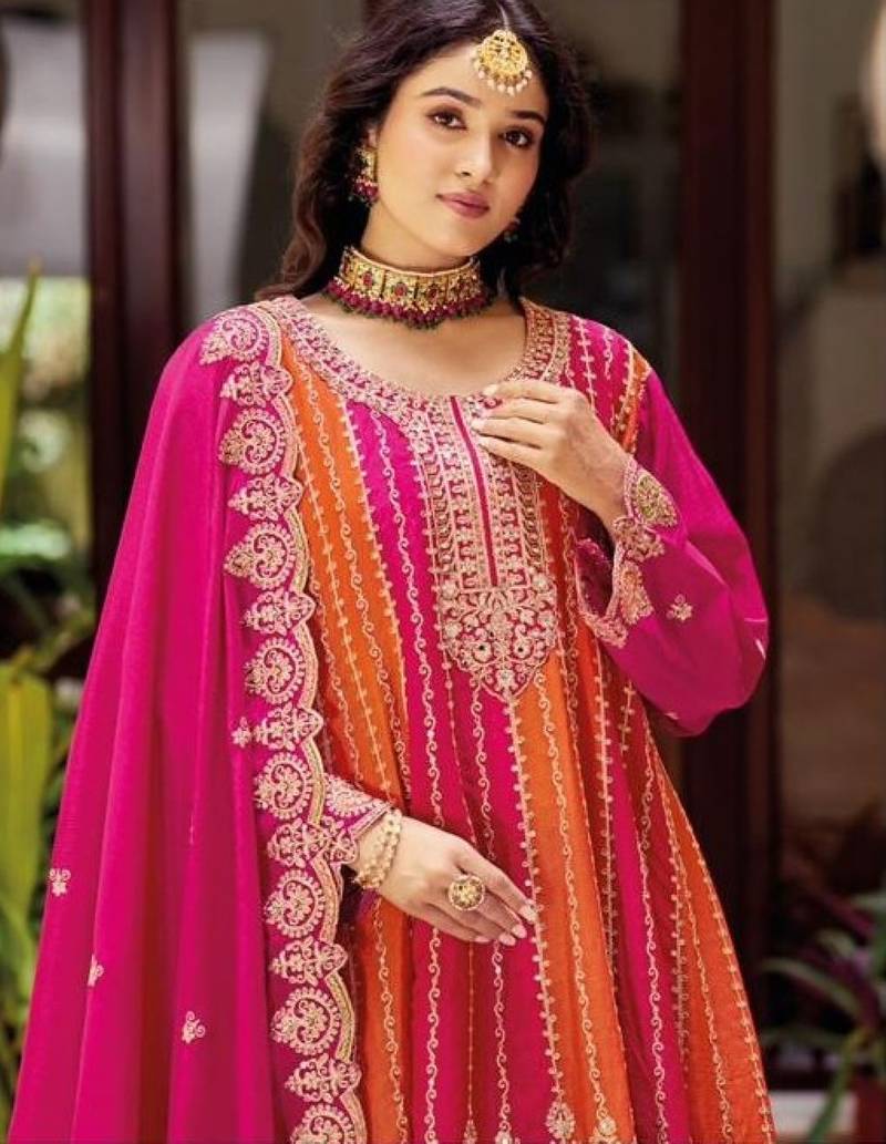 Chinon free size stitched suit with embroidery work