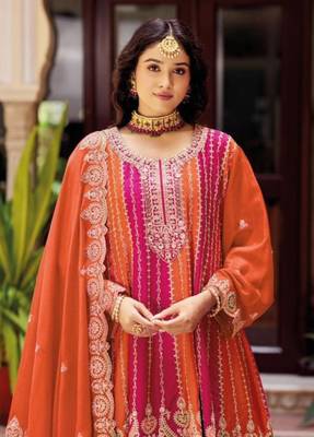 Orange Chinon Free Size Stitched Suit with Embroidery  3