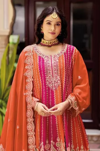 Orange Chinon Free Size Stitched Suit with Embroidery 