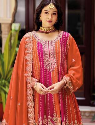 Orange Chinon Free Size Stitched Suit with Embroidery  1