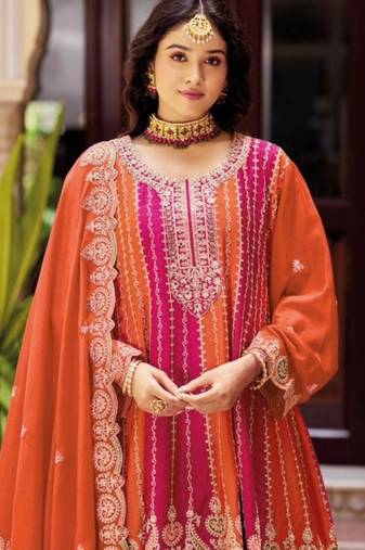 Chinon free size stitched suit with embroidery work