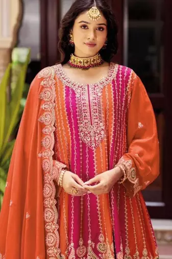 Chinon free size stitched suit with embroidery work