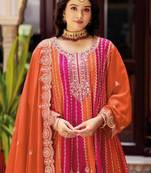 Orange Chinon Free Size Stitched Suit with Embroidery 