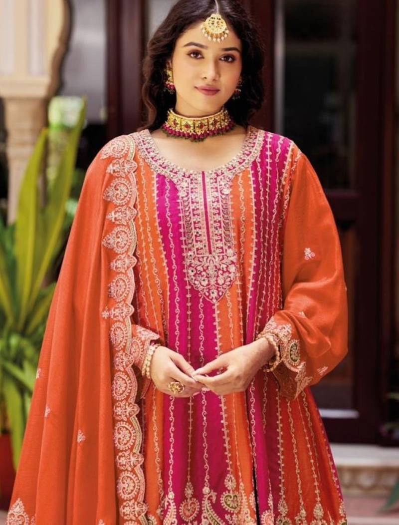 Chinon free size stitched suit with embroidery work