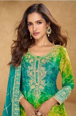 Blue Chinon Free Size Stitched Suit with Embroidery  2