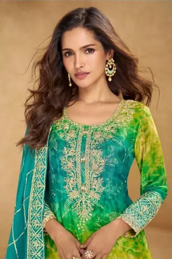 Blue Chinon Free Size Stitched Suit with Embroidery 