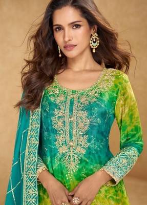 Blue Chinon Free Size Stitched Suit with Embroidery  3