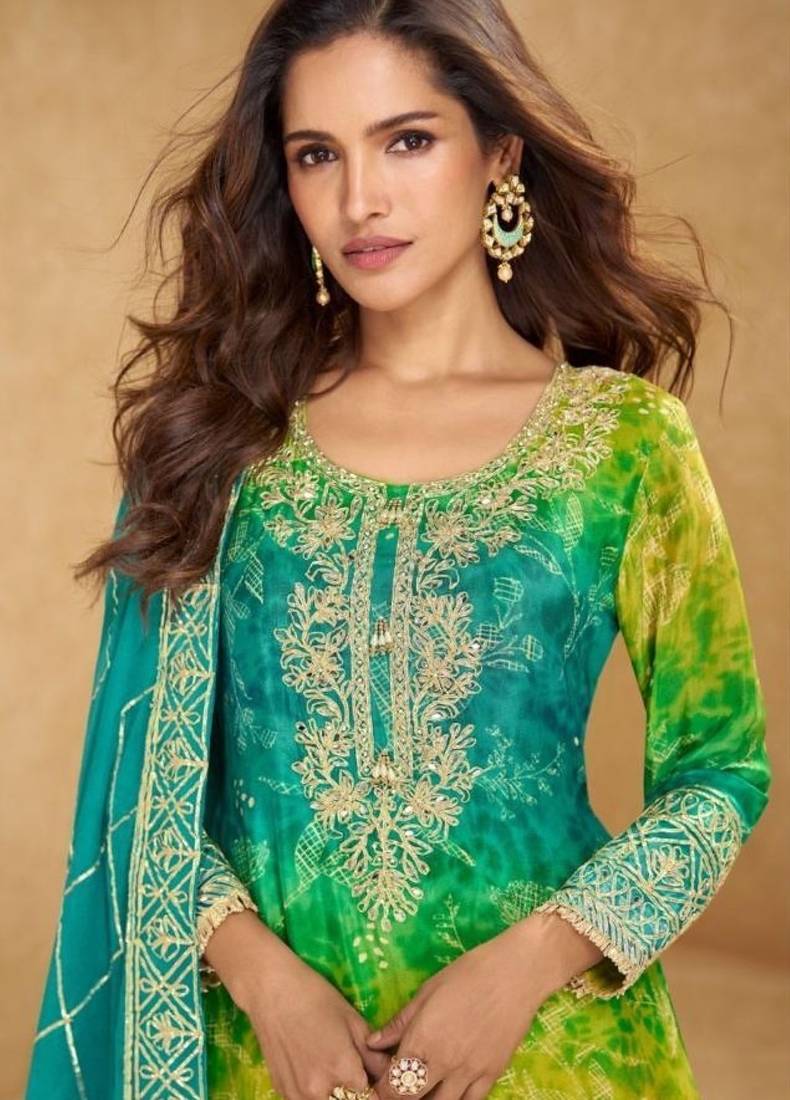 Chinon free size stitched suit with embroidery work