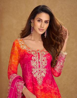 Orange Chinon Free Size Stitched Suit with Embroidery  2