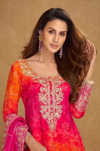 Orange Chinon Free Size Stitched Suit with Embroidery 
