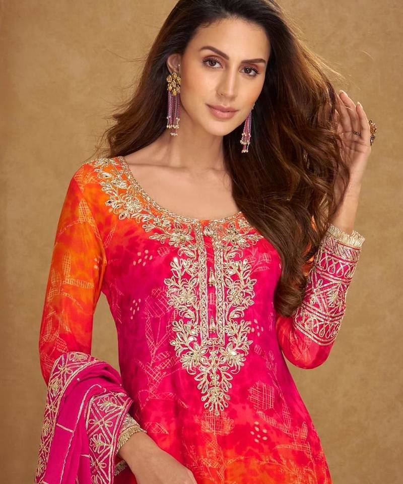 Chinon free size stitched suit with embroidery work