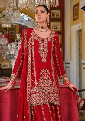 Red Chinon Free Size Stitched Suit with Embroidery  3