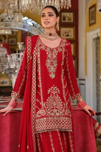 Red Chinon Free Size Stitched Suit with Embroidery 