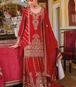 Red Chinon Free Size Stitched Suit with Embroidery Work