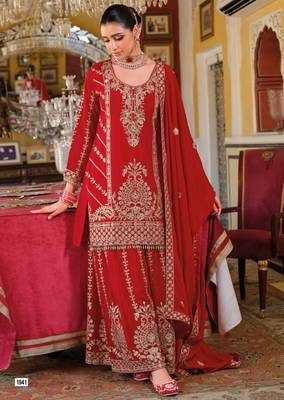 Red Chinon Free Size Stitched Suit with Embroidery  4