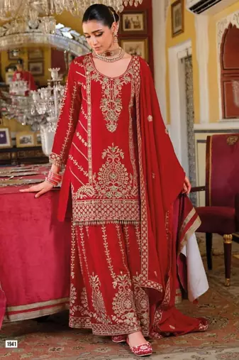 Red Chinon Free Size Stitched Suit with Embroidery 