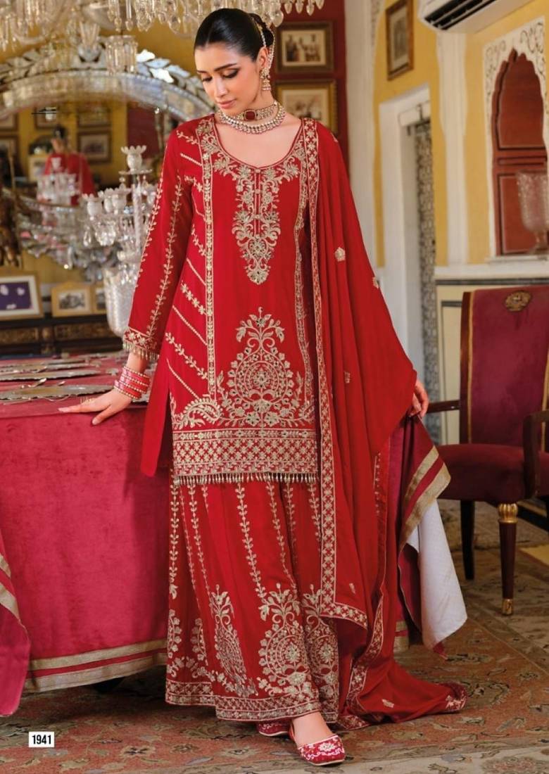 Chinon free size stitched suit with embroidery work