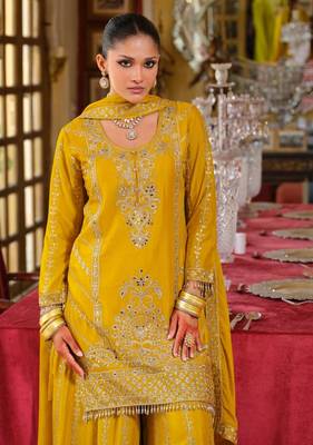 Yellow Chinon Free Size Stitched Suit with Embroidery  2