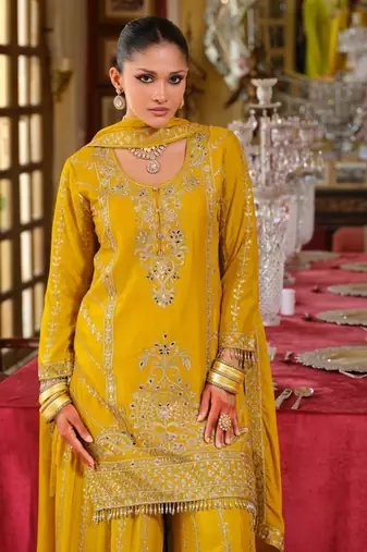 Yellow Chinon Free Size Stitched Suit with Embroidery 