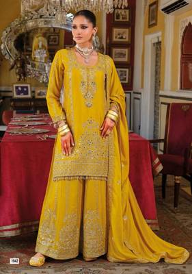 Yellow Chinon Free Size Stitched Suit with Embroidery  3