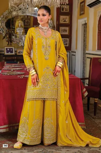 Yellow Chinon Free Size Stitched Suit with Embroidery 