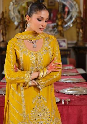 Yellow Chinon Free Size Stitched Suit with Embroidery  4