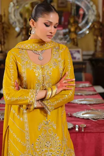 Yellow Chinon Free Size Stitched Suit with Embroidery 
