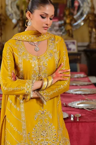 Yellow Chinon Free Size Stitched Suit with Embroidery 